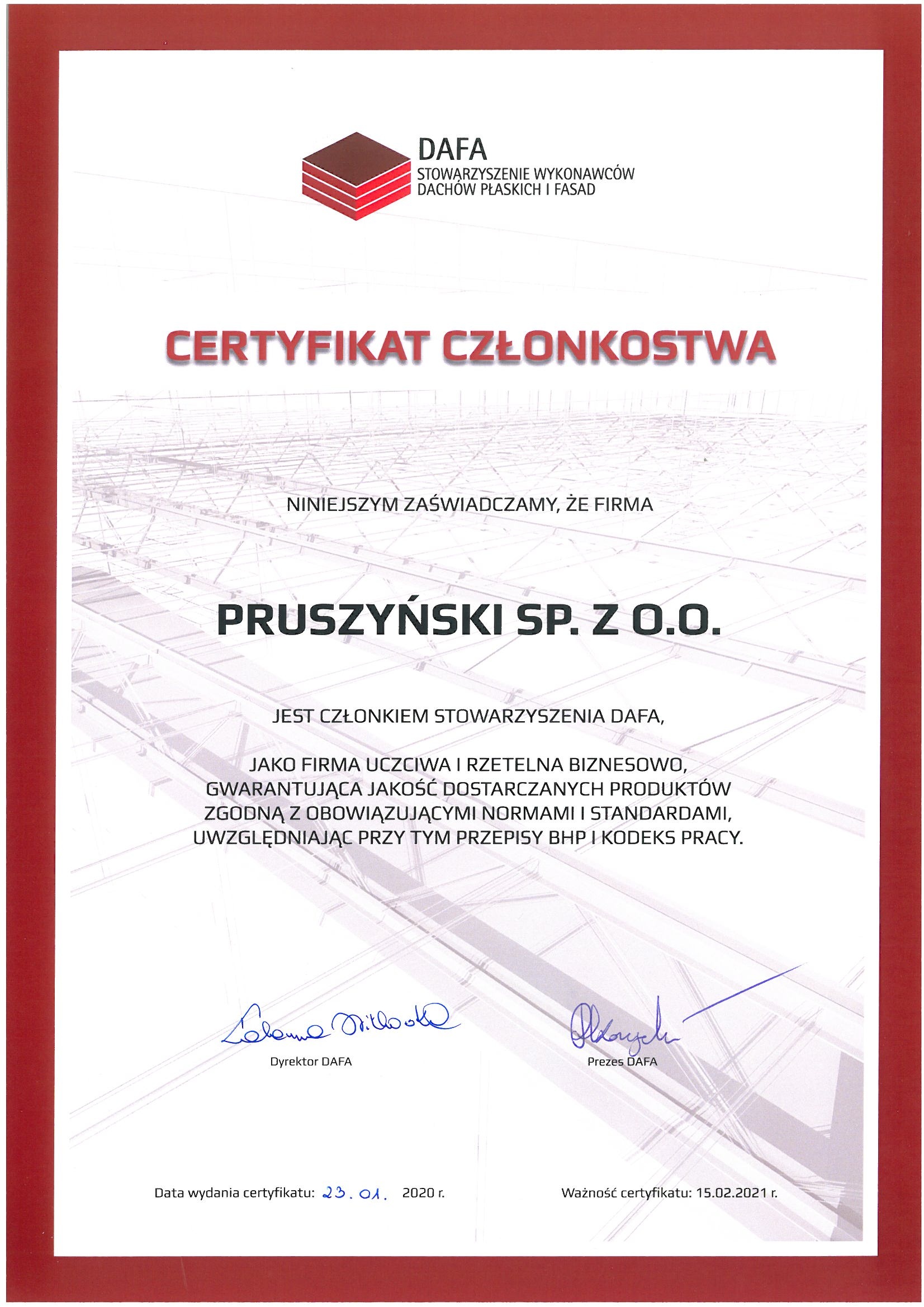 Certyfikat Członkostwa w Stowarzyszeniu DAFA