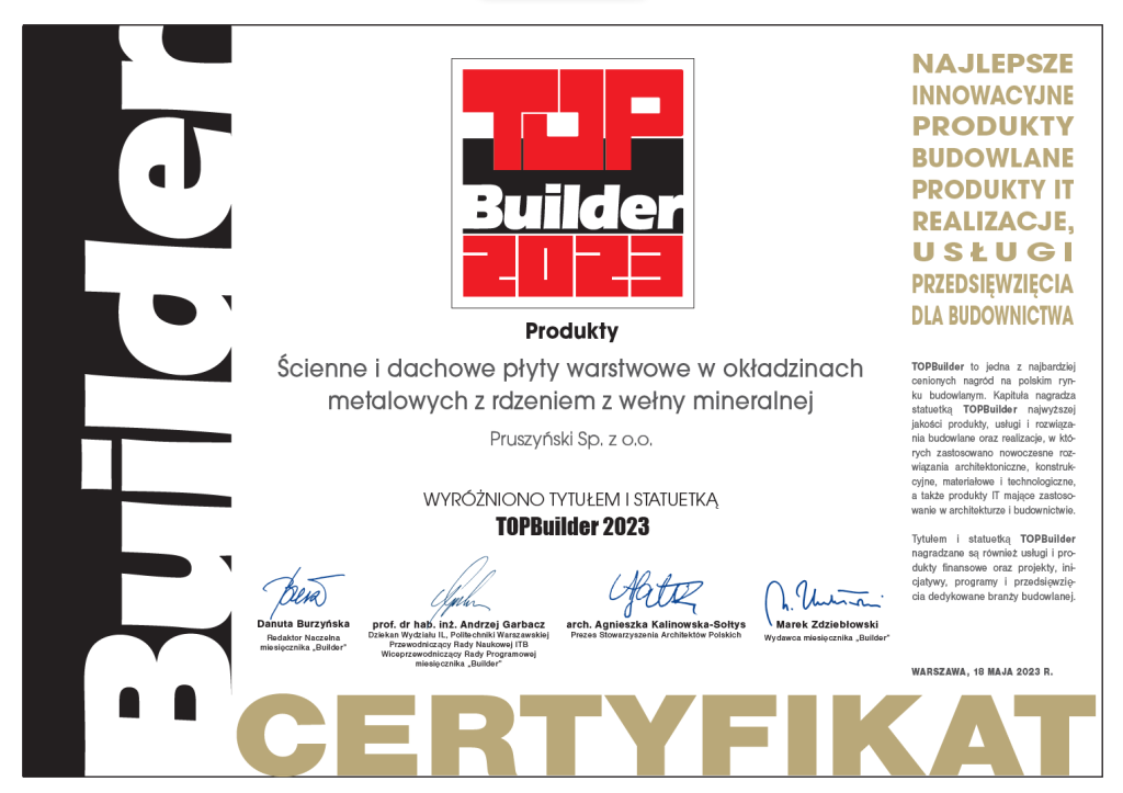 Top Builder 2023 certyfikat dla Blachy Pruszynski