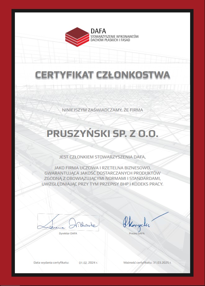 Certyfikat członkowstwa w stowarzyszeniu DAFA