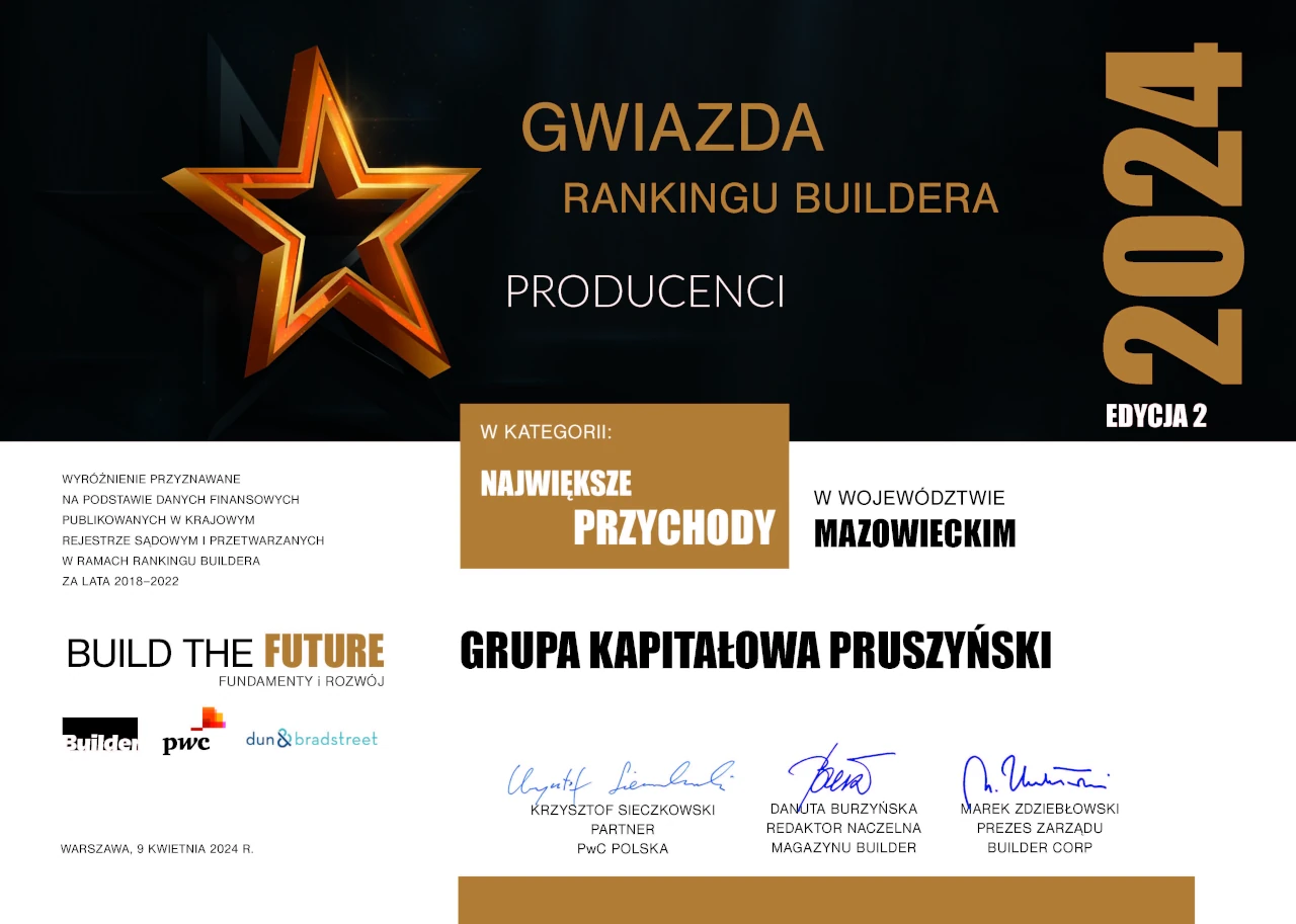 GWIAZDA Rankingu Buildera dla Blachy Pruszyński, największe przychody w województwie mazowieckim